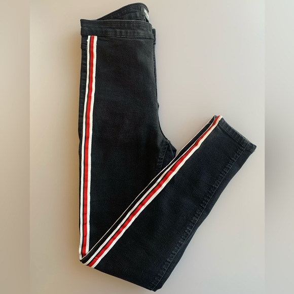 Zara Black High Rise Skinny Jeans with Red/White Side Stripe | Size 6 - Picture 3 of 5